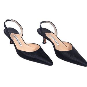 Manolo Blahnik Women’s Black Kitten Heels 39 Satin Slingback Date Night Coquette